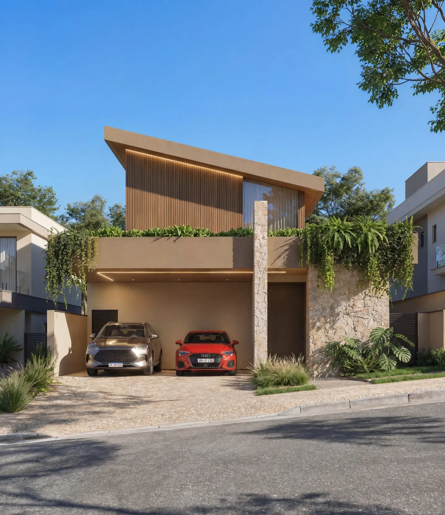 Contemporary 3-Bedroom Family Duplex with Tropical Greenery & Stone Finish